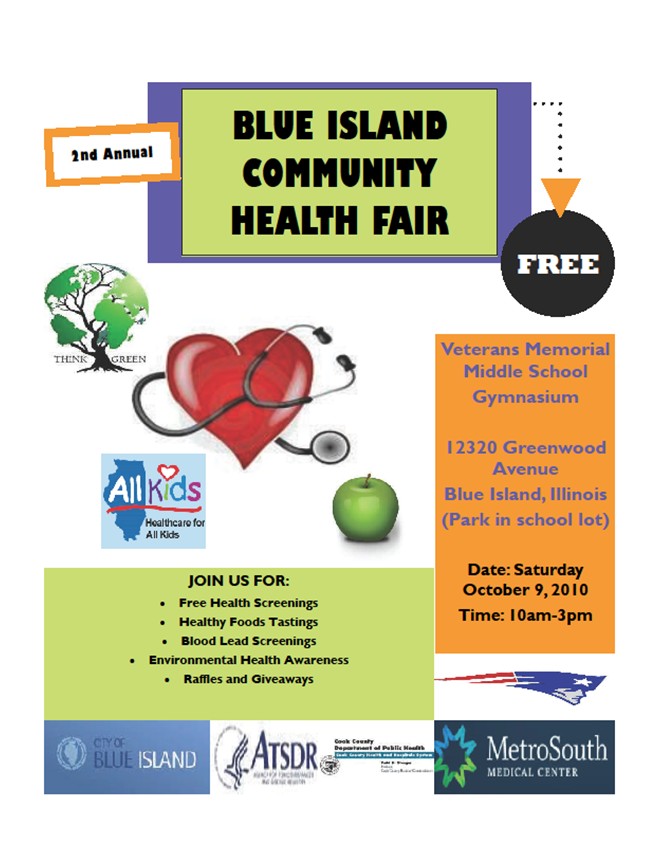 Download the event flyer. 2nd Annual Blue Island Health Fair: Oct 8-9, 2010.