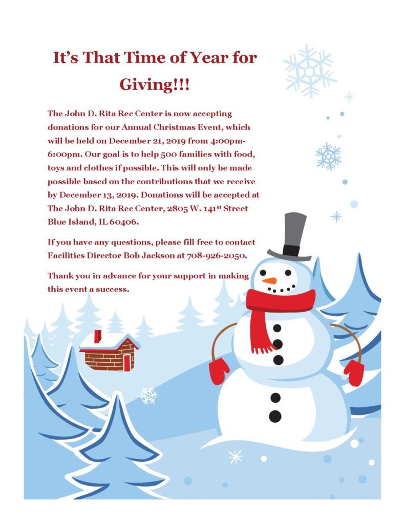 Donations for The John D. Rita Rec Center Christmas Event